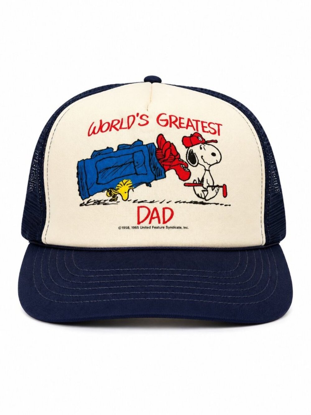 Worlds Greatest Dad Snoopy Mens Trucker Hat Navy Mesh Vintage Snapback